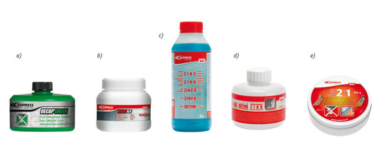 Fot. 1. a) DECAP GREEN, b) DECAP ALU, c) Zmywacz 847, d) Zmywacz 850, e) Salmiak 852