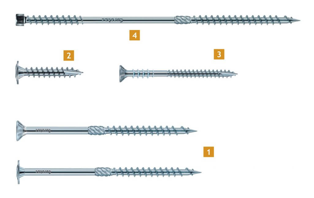 Fot. 1. Wkręty Eurotec: 1. Paneltwistec AG – do konstrukcji drewnianych. 2. Wkręt do łupka. 3. Justitec – wkręt do regulacji. 4. Topduo – do dociepleń nakrokwiowych.