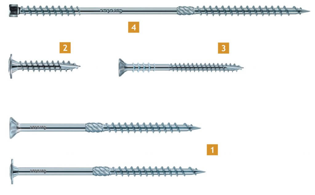 Fot. 1. Wkręty: 1. Paneltwistec AG - do konstrukcji drewnianych, 2. wkręt do łupka, 3. Justitec - wkręt do regulacji, 4. Topduo - do dociepleń nakrokwiowych.