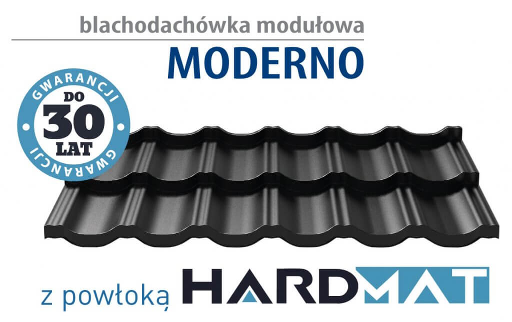 Blachodachówka modułowa MODERNO: grubość do 80 μm, do 30 lat gwarancji, najwyższa jakość ochrony przed promieniami UV, wysoka odporność na korozję, zgodnie z normą EN 10169