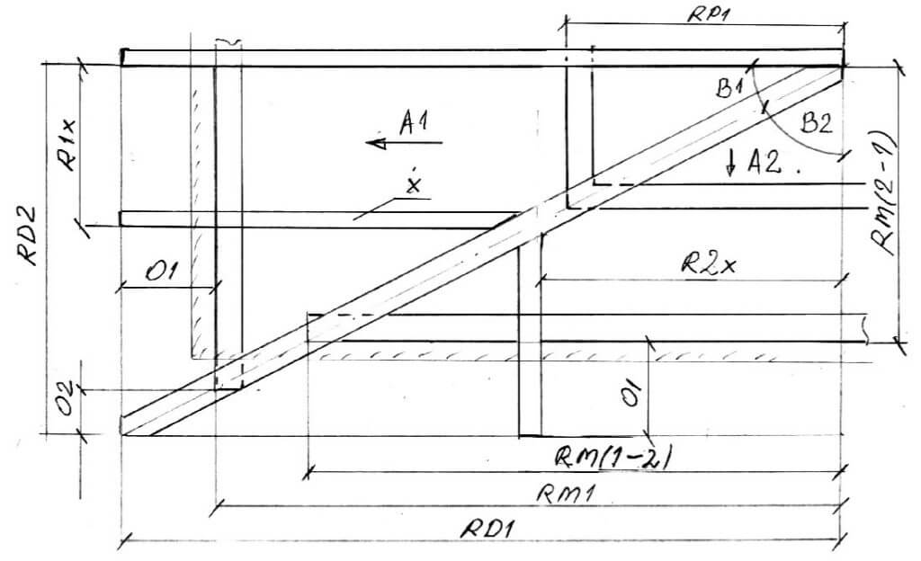 Rys. 3. Oparcie krokwi narożnej - geometria dachu kopertowego