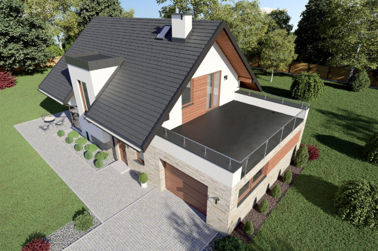 Fot. 1. Taras pokryty membraną EPDM, rynny kwadratowe Galeco PVC2.