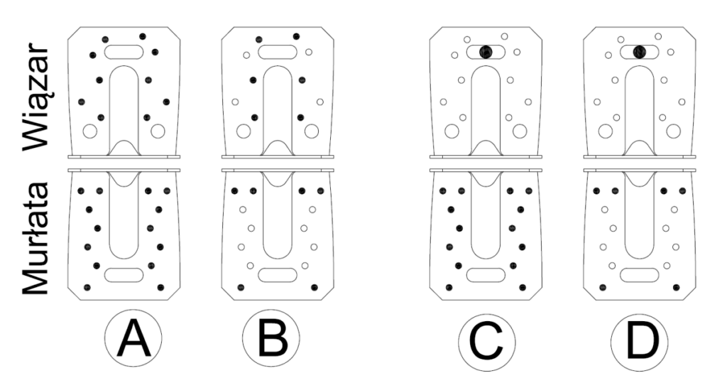 Zdj. 6. Schematy montażu kątownika ACRL do murłaty: A – nieprzesuwny pełny, B – nieprzesuwny częściowy, C – przesuwny pełny, D – przesuwny częściowy.