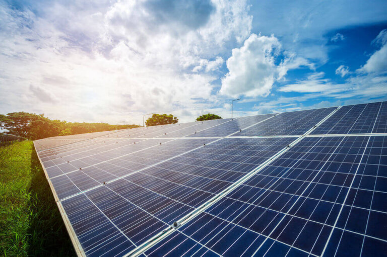 solar panel blue sky background alternative energy concept