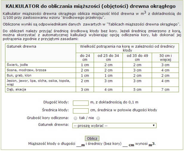 kalkulator do obliczania miąższość drewna okrągłego
