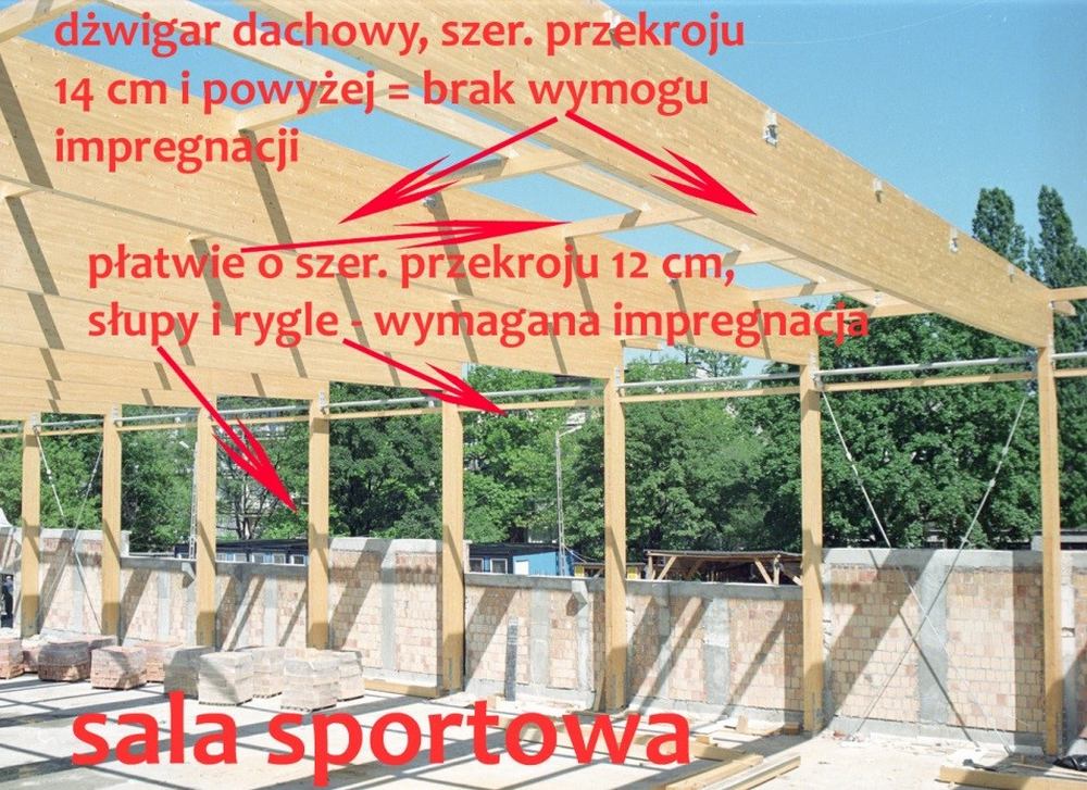Fot. 1. Wizualizacja stopnia „likwidacji” barier dla konstrukcji drewnianych, zawartej w zmianie rozporządzenia WT.  Przykładowo w sali sportowej widocznej na zdjęciu wyłącznie dźwigary dachowe o szerokości przekroju minimum 14 cm można wbudować bez impregnacji. Ustawodawca nie pozwala wbudowywać słupów bez zabezpieczenia chemią, tak samo jak bardzo często stosowanych płatwi i rygli o wymiarze przekroju 12 cm. (Fot. E. I. Kotwica).
