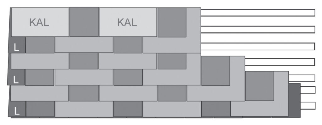 W kalenicy wolne miejsca między dachówkami Neoplate uzupełnia się dachówkami kalenicowymi według poniższego schematu. Dachówki kalenicowe mocuje się do łaty wkrętami lub gwoździami. Dachówek kalenicowych potrzeba około 2 szt. na metr kalenicy.