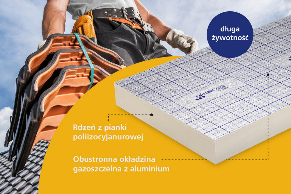 swissporPIR Alu w roli warstwy termoizolacyjnej dachu skośnego krytego dachówką ceramiczną lub cementową