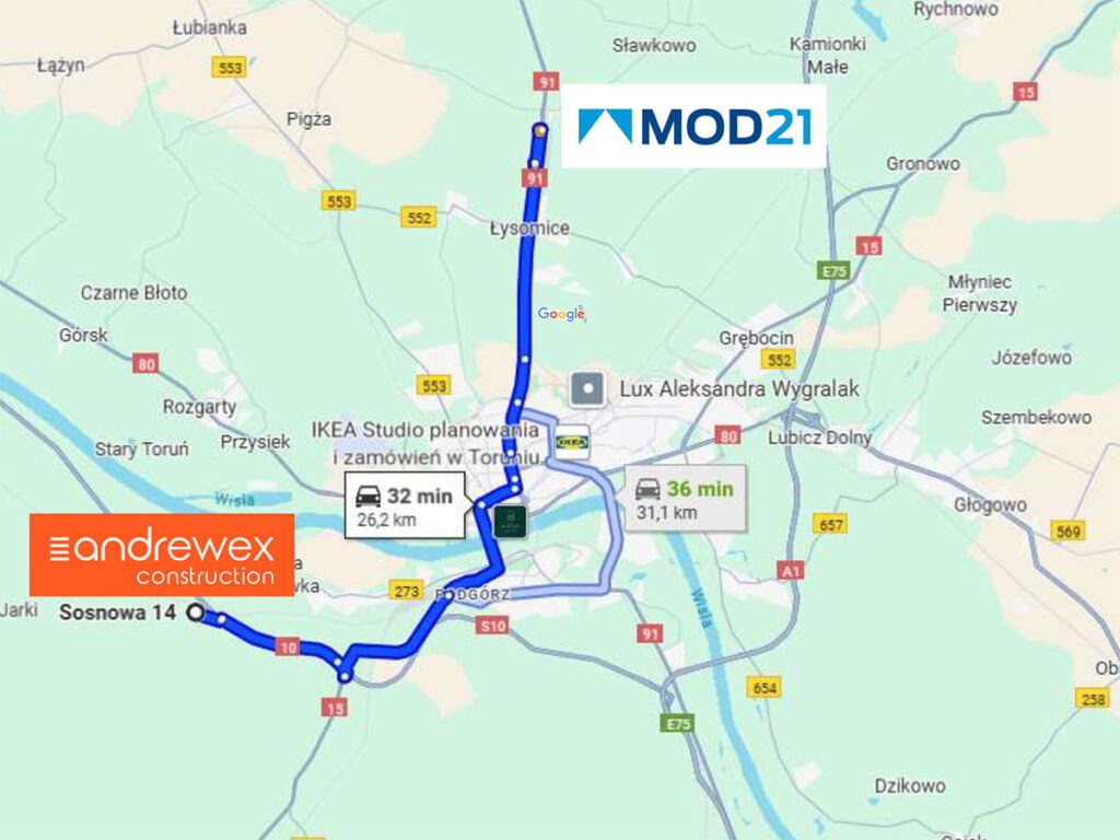 Wielkogabarytowe konstrukcje drewniane
Lokalizacja firm Andrewex Construction i MOD21.